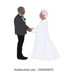 Bride and groom elderly old pensioners interracial husband and wife cartoon marriage vector simple facing holding hands tuxedo suit white wedding dress celebration romantic couple in love artwork.