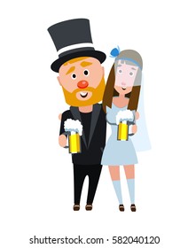The bride and groom in an embrace. Happy romantic couple having a beer. Young people on a white. The girl in a wedding dress and a man in a hat and suit.  Bearded man with a dark haired girl.
