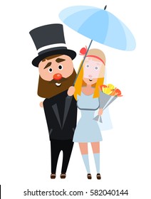 The bride and groom in an embrace. Happy romantic couple. Young people on a white background. The girl in a wedding dress and a man in a suit and an umbrella. Happy bearded man with a blond girl.