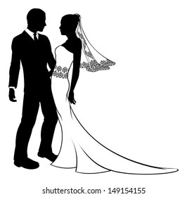 Bride and groom embracing at their wedding,  having first dance or about to kiss, with beautiful bridal dress with veil and lace pattern. 