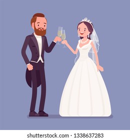 Bride and groom enjoy drinks on wedding ceremony. Elegant tuxedo man, woman in beautiful dress on traditional celebration, married couple in love. Marriage customs and traditions. Vector illustration