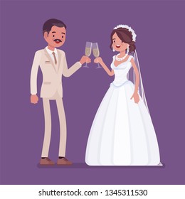 Bride and groom enjoy drinks on wedding ceremony. Latin American man, woman in beautiful dress on traditional celebration, married couple in love. Marriage customs and traditions. Vector illustration