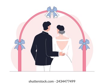 Bride and groom entering the altar, wedding vector illustration.