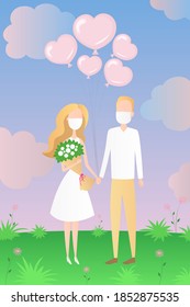 Bride and groom in face masks. Cartoon. Vector illustration.