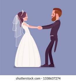 Bride and groom in a first dance on wedding ceremony. Elegant tuxedo man, woman in beautiful dress on traditional celebration, married couple in love. Marriage customs, traditions. Vector illustration