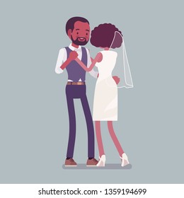 Bride and groom first dance on wedding ceremony. African american man, woman in beautiful dress on traditional celebration, married couple in love. Marriage customs and traditions. Vector illustration