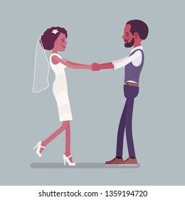 Bride, groom in a first dance on wedding ceremony. African american man, woman in beautiful dress on traditional celebration, married couple in love. Marriage customs, traditions. Vector illustration