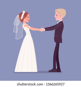 Bride and groom in a first dance on wedding ceremony. Elegant man, woman in beautiful white dress on traditional celebration, married couple in love. Marriage customs, traditions. Vector illustration