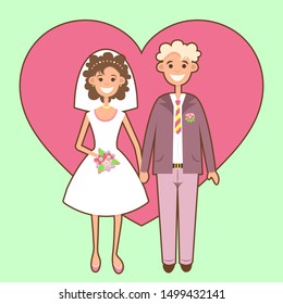 Bride and groom flat drawing, cartoon character, vector illustration, icon, sticker. Picture newlyweds, woman in white wedding dress with bouquet and man in suit isolated on the background of heart