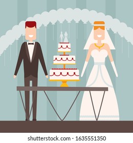 Bride and groom flat style wedding figures, vector illustration. Abstract newlywed couple standing at table with wedding cake, woman in dress, man in suit. Classic celebration ceremony with balloons