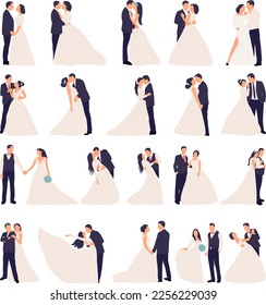 bride and groom, flat style wedding set, vector