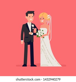 Bride and groom flat vector characters. Cheerful caucasian newlyweds standing together wearing wedding dresses. Wedding concept illustration