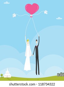 bride and groom floating on a pink heart balloon