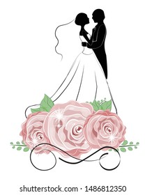 bride and groom in flower, roses, wedding invitation