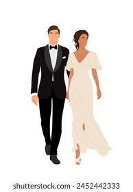 Bride and groom in formal clothes on wedding day.