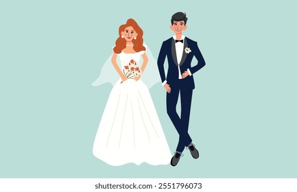 Bride and groom in formal clothes on wedding day, marriage ceremony. Just married love couple, newlyweds. Vector illustration