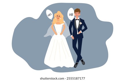 Bride and groom in formal clothes on wedding day, marriage ceremony. Just married love couple, newlyweds. Vector illustration. 