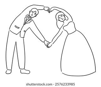 Bride and groom, the bride and groom are forming a heart shape together, a cute couple on their wedding day
