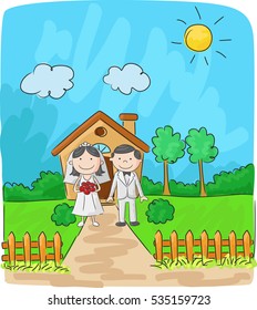 Bride and groom in front of small house