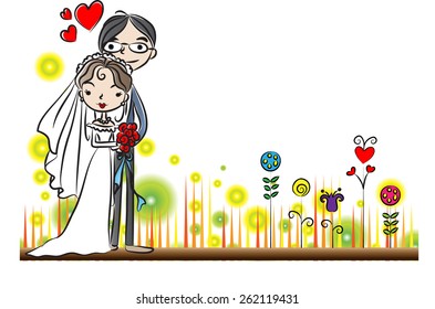 bride and groom in the garden vector 