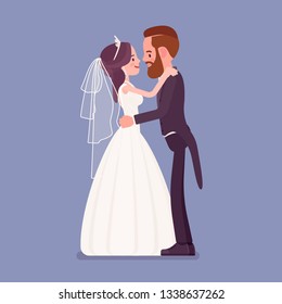 Bride and groom in gentle hug on wedding ceremony. Elegant tuxedo man, woman in beautiful dress on traditional celebration, married couple in love. Marriage customs and traditions. Vector illustration