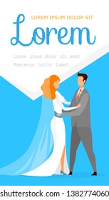 Bride, Groom Getting Married Flyer Flat Template. Wife and Husband at Marriage Ceremony Characters. Wedding Dresses, Suits Shop Brochure Layout. Red Haired Woman Wearing White Gown