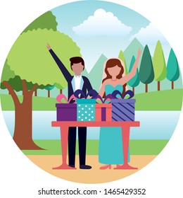 bride and groom gift boxes wedding day vector illustration