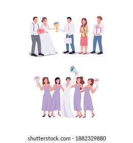 Bride and groom with guests flat color vector faceless character set. Husband, wife accept gifts. Wedding ceremony isolated cartoon illustration for web graphic design and animation collection