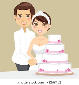 Bride and Groom happily cutting the wedding cake with a knife