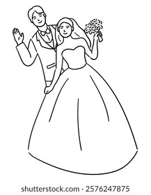 Bride and groom, bride and groom are happily looking ahead vector illustration