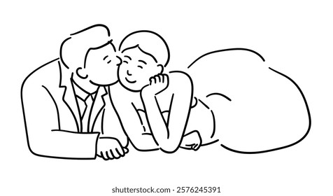 Bride and groom are happily lying on the ground, with the groom kissing the bride's cheek, wedding couple