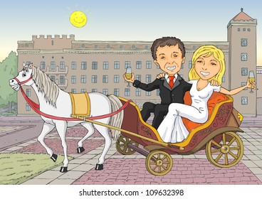 The bride and groom happily sipping champagne while sitting in coach