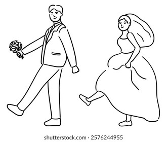 Bride and groom are happily walking together, cute couple vector illustration