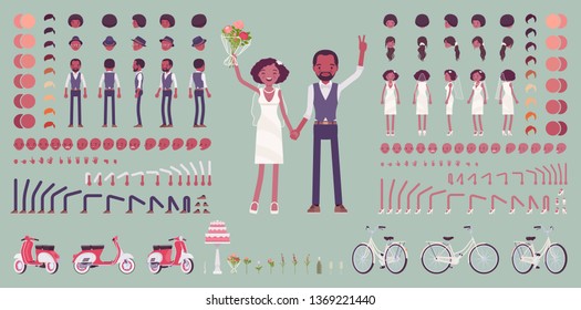 Bride and groom, happy black pair on a wedding ceremony, creation set, traditional celebration kit, decor constructor elements to build your own design. Vector illustration