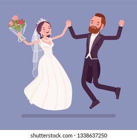 Bride and groom happy jump on wedding ceremony. Elegant tuxedo man, woman in a beautiful dress on traditional celebration, married couple in love. Marriage customs and traditions. Vector illustration