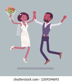 Bride and groom happy jump on wedding ceremony. African american man, woman in beautiful dress on traditional celebration, married couple in love. Marriage customs and traditions. Vector illustration