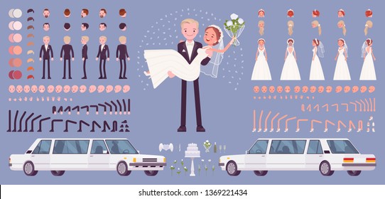 Bride and groom, happy young pair on a wedding ceremony, creation set, traditional celebration kit, decor constructor elements to build your own design. Vector illustration