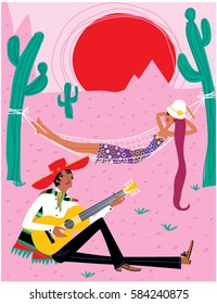Bride and groom having rest in desert sunset. Man wearing mexican hat sombrero and playing ukulele. Honeymoon Vector illustration. Love couple Horoscope sign scorpio. 