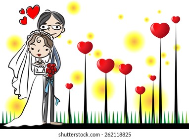 bride and groom and heart shapes vector 