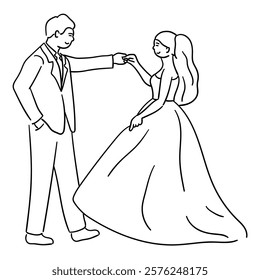 Bride and groom, groom is holding the bride's hand, and they are looking at each other, smiling happily vector illustration