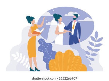 Noiva e noivo de mãos dadas durante a cerimônia, leitura oficial do livro, estilo gráfico plano, fundo abstrato com folhas, conceito de casamento. Ilustração vetorial