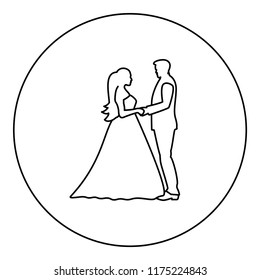 Bride and groom holding hands icon black color in round circle outline