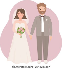 Bride and groom holding hands. Just married. Wedding day. Happy loving couple. Vector illistration.
