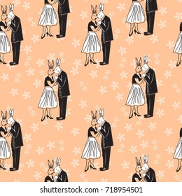 bride and groom holding hands, man and woman, lovers, bunnies in human bodies, wrapper for wedding gifts, invitations,congratulations.Freehand drawing vector illustration retro style.seamless pattern
