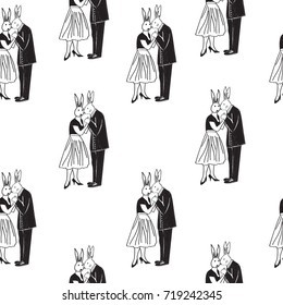 bride and groom holding hands, man and woman, lovers, bunnies in human bodies, wrapper for wedding gifts, invitations, congratulations.Freehand drawing vector retro style.monochrome seamless pattern

