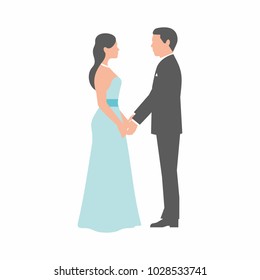 
Bride and groom holding hands on white background