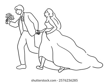 The bride and groom are holding hands and running, a joyful couple on their wedding day vector