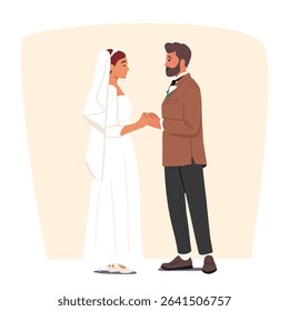 Bride and groom holding hands standing together wedding ceremony cartoon bubble scene design. Happy elegant man and woman newlyweds characters taking oaths celebrating marriage vector illustration