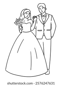 Bride and groom are holding hands tightly, smiling happily vector illustration