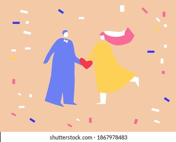Bride and groom holding hands together vector illustration - happy couple on confetti background - plus size man in a blue suit and a woman in a veil getting married